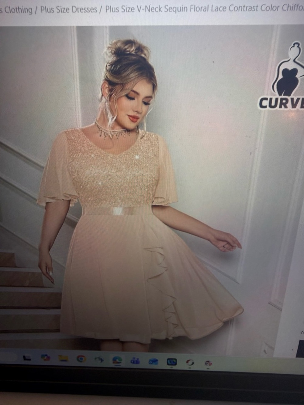Terani Couture Plus Size Sequin Lace Chiffon Dress in Champagne